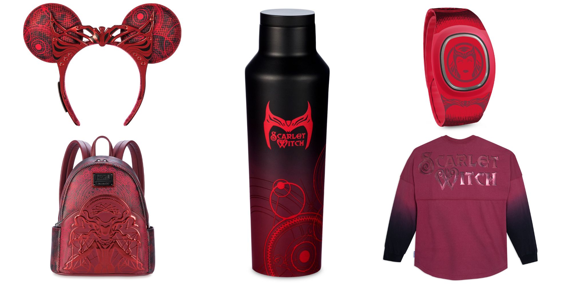 A collection of Scarlet Witch-themed merchandise including a headband, water bottle, bracelet, backpack, and shirt, all in red and black colors with related designs.