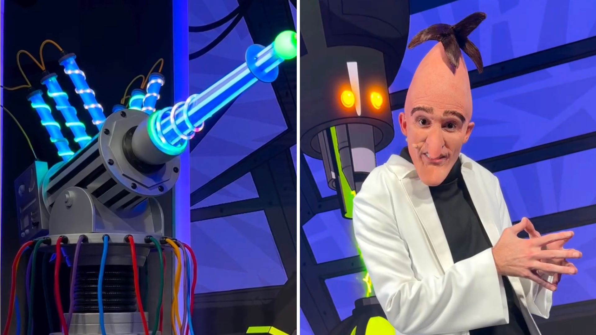 Left side displays a glowing sci-fi machine with colorful lights and wires; right side shows a person dressed in a white coat with exaggerated facial features and a pointed hairstyle.