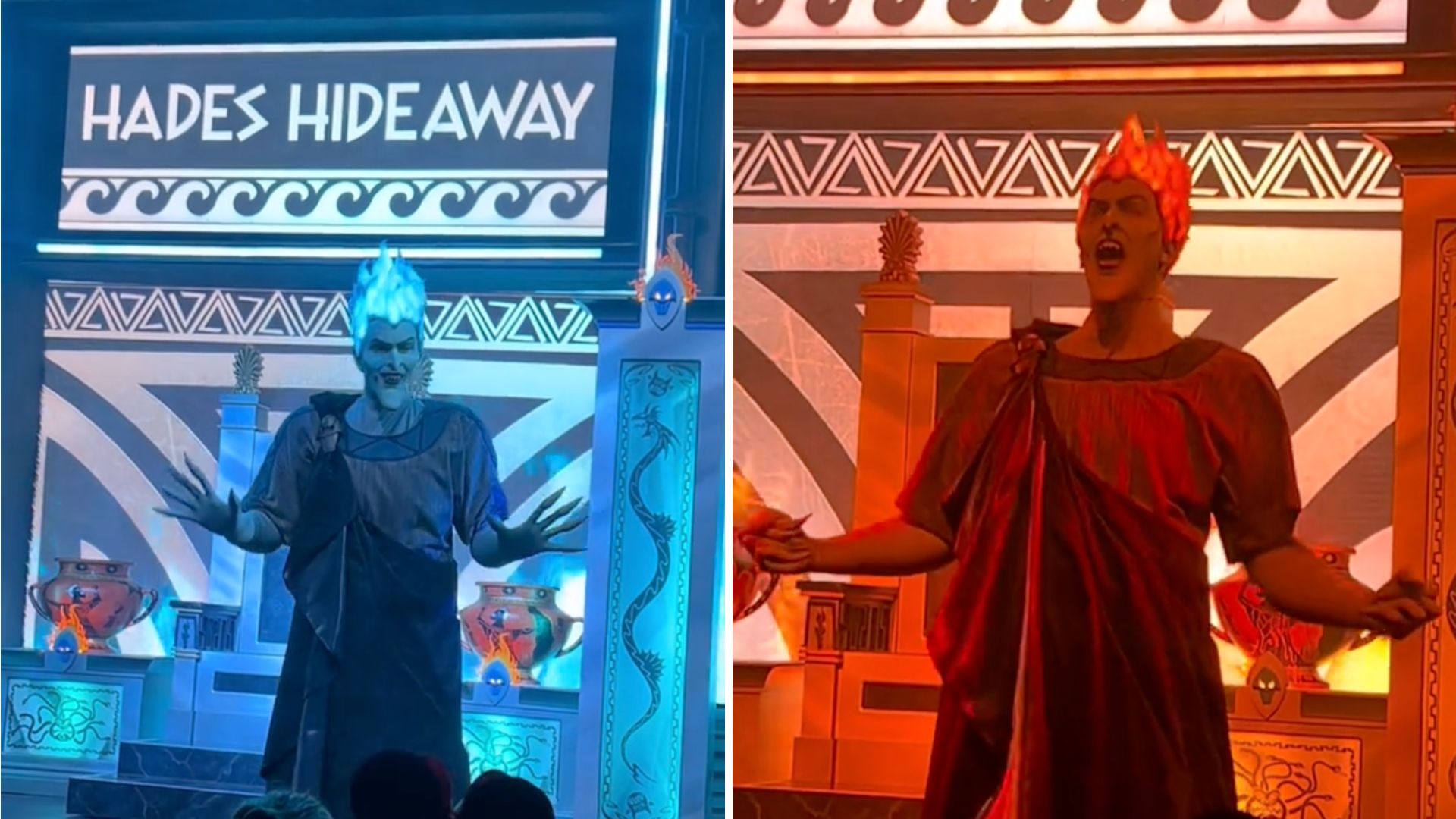 A performer dressed as Hades from Disney's "Hercules" stands on a decorated stage under a "Hades Hideaway" sign, illuminated by blue lighting on the left and red lighting on the right, during the Villains Lineup at the Oogie Boogie Bash.