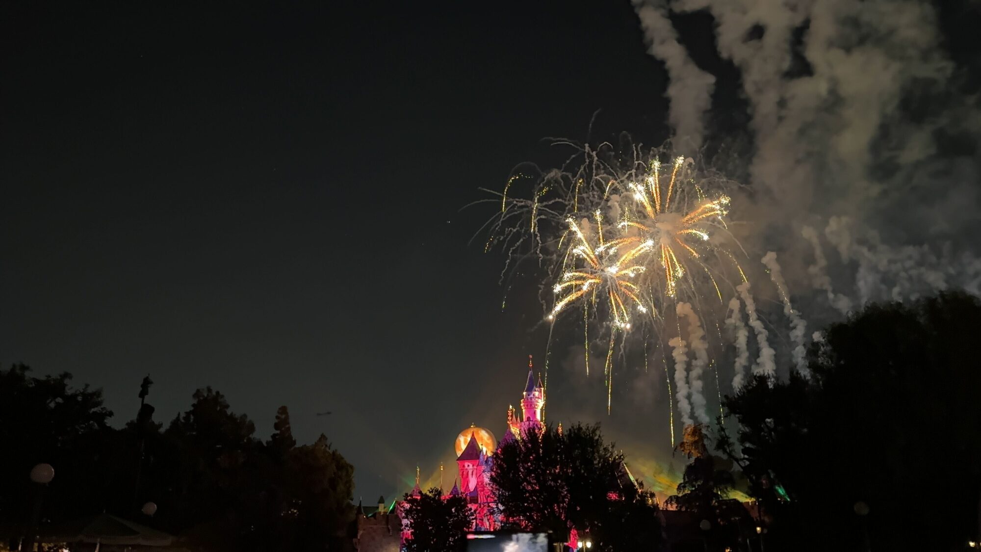 Fireworks light up the night sky above a brightly illuminated castle, surrounded by dark trees and foliage in the foreground, echoing with distant Halloween screams.