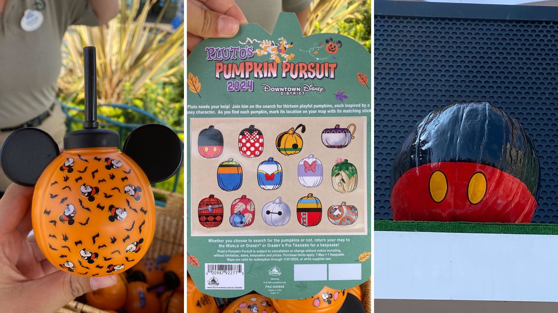 A person holds a Mickey Mouse pumpkin sipper. An event flyer advertises Pluto's Pumpkin Pursuit, featuring a quest involving pumpkin-themed collectibles. A large pumpkin with a Mickey Mouse pants design is displayed on a structure.