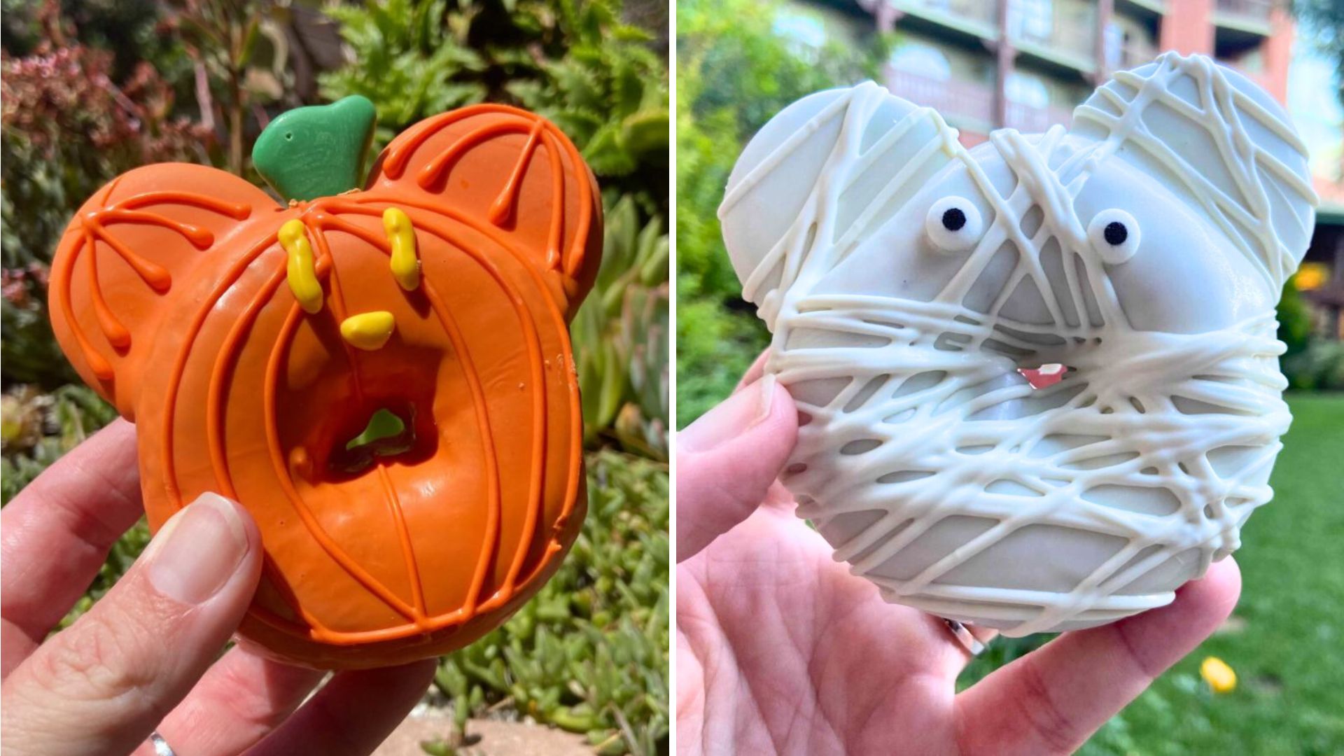Two fall-themed doughnuts from GCH Craftsman Grill are shown: one designed as an orange pumpkin with a green stem and yellow decorations, and the other as a white mummy with candy eyes and white drizzle.