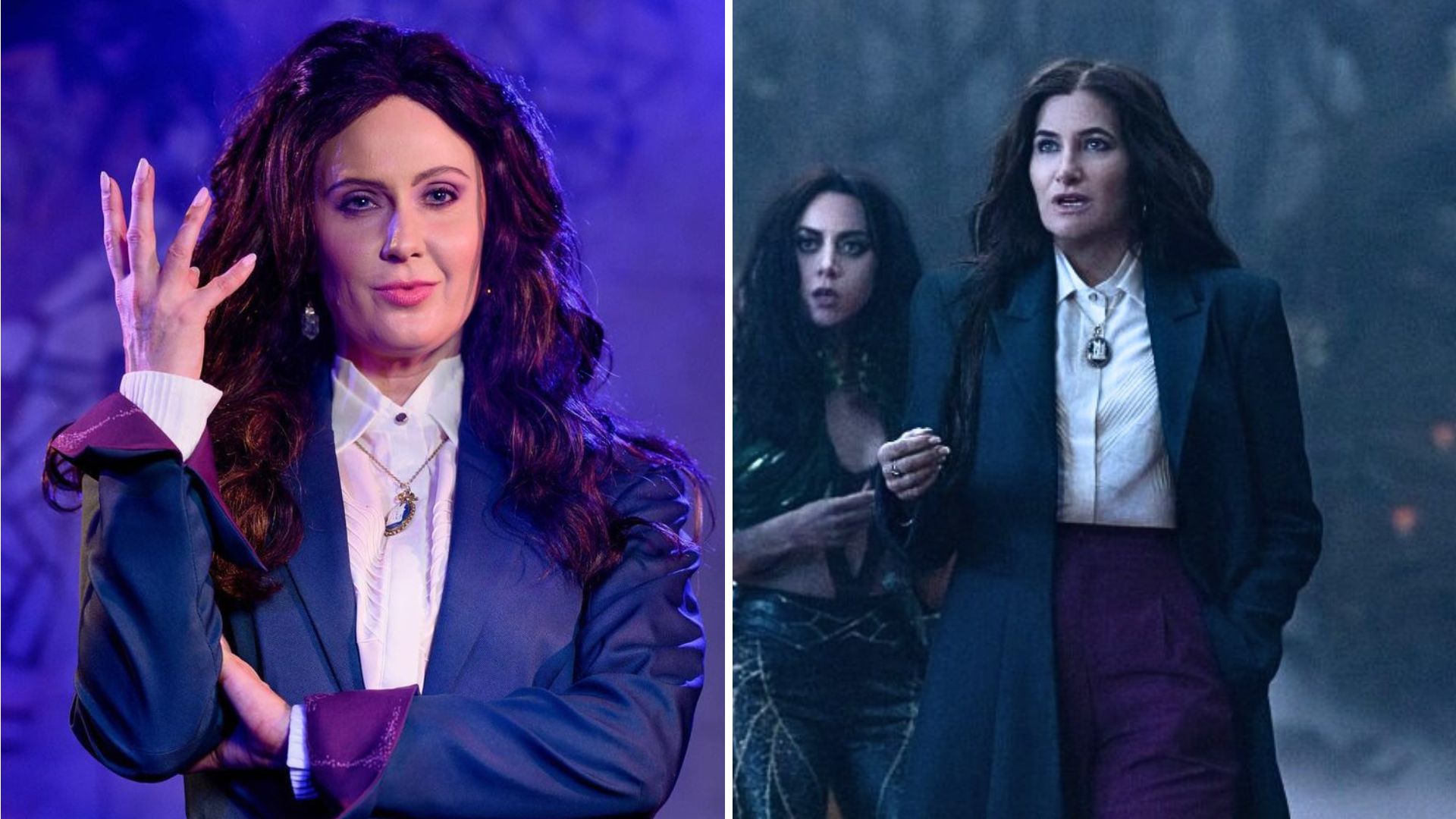 A side-by-side comparison shows a performer on the left dressed as a character and the actual character from a movie or show on the right. Both wear dark, formal outfits with purple accents.