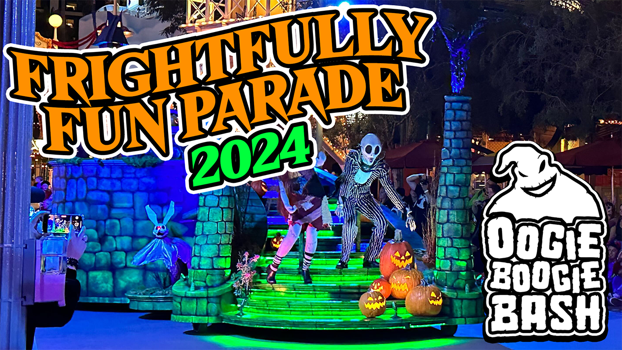 A Halloween parade titled "Frightfully Fun Parade 2024" featuring costumed characters and lighted pumpkin decorations, part of the "Oogie Boogie Bash" event.