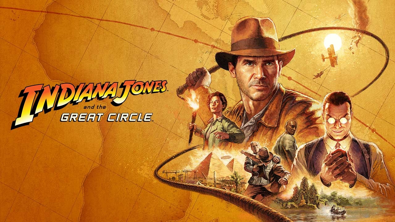 A movie poster for "Indiana Jones and the Great Circle" featuring Indiana Jones with a hat and whip, an explosion, a woman holding a torch, a plane, pyramids, and various adventure scenes.