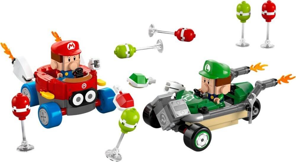 Two Super Mario-themed LEGO sets featuring characters in karts, red and green, with various projectiles and obstacles around them.
