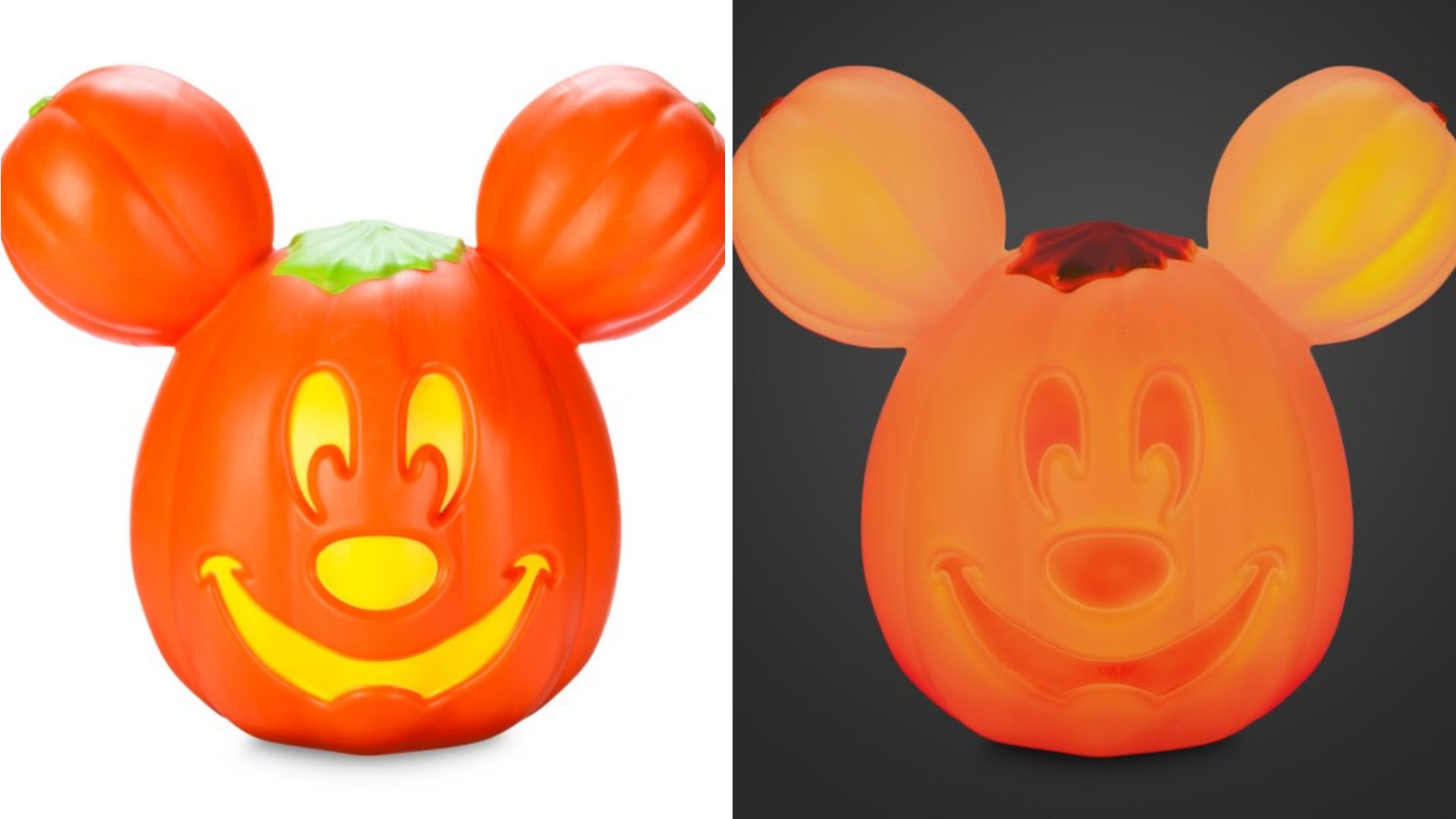 Two side-by-side images of a pumpkin decoration with Mickey Mouse ears. The image on the left shows it unlit, while the image on the right shows it glowing in the dark.
