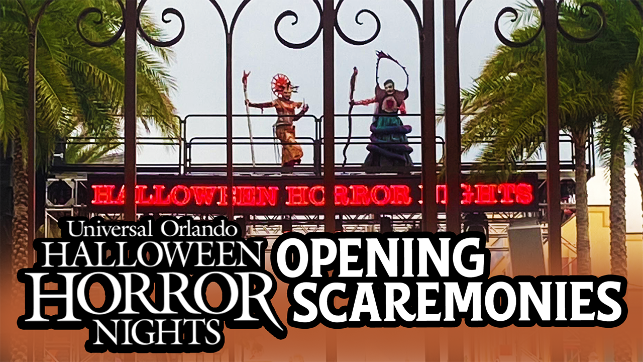 Two performers in horror-themed costumes stand atop a gate for Universal Orlando's Halloween Horror Nights, with text announcing the "Opening Scaremonies.