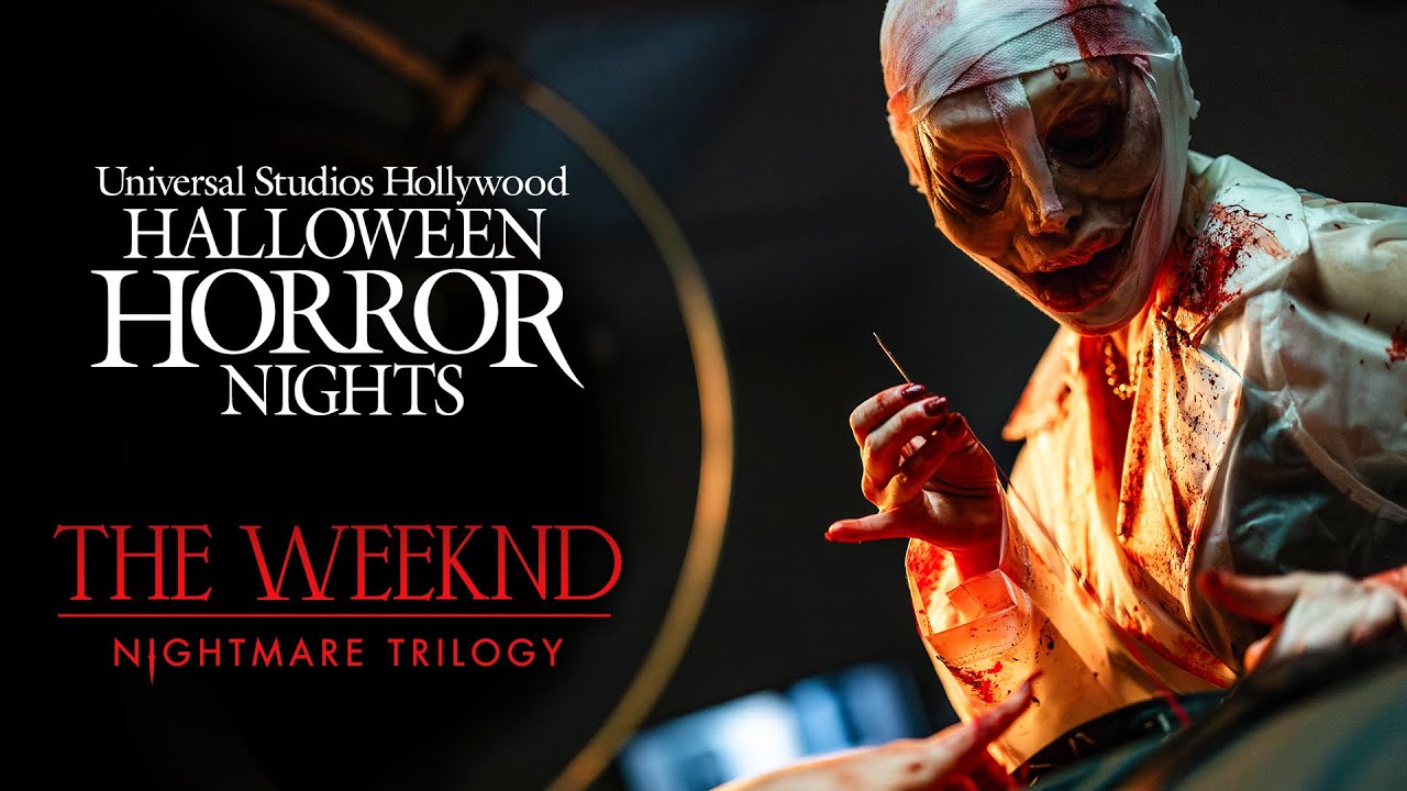 A person in a bloody costume and makeup poses menacingly. Experience the terror at Universal Studios Hollywood Halloween Horror Nights, featuring "The Weeknd: Nightmare Trilogy.