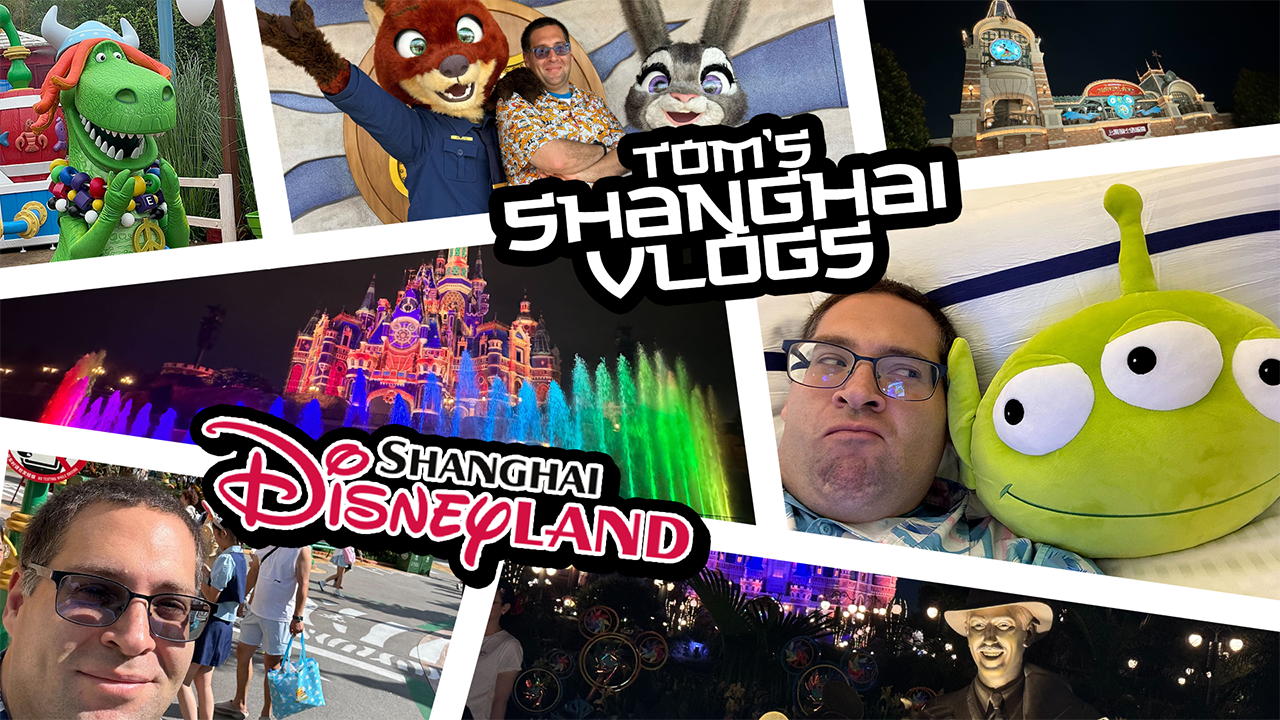 A collage of various moments at Shanghai Disneyland, including thrilling rides, beloved characters, mesmerizing fireworks, and joyful selfies with a text overlay reading "Tom's Shanghai Vlogs" and "Shanghai Disneyland.