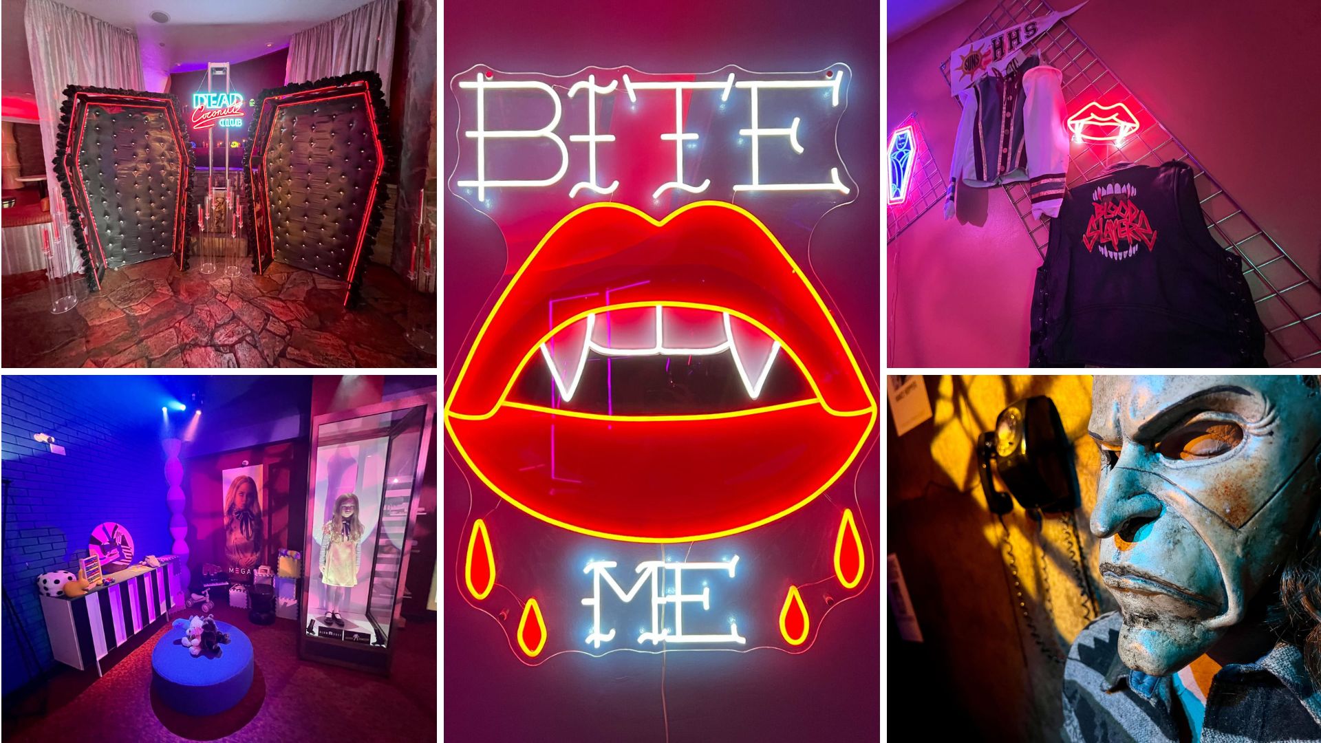A collage of images featuring spooky decor: coffin-themed furniture, a "BITE ME" neon sign with vampire fangs, horror-themed posters, a vest with a horror logo, and a detailed monster mask. It's the perfect preview of the haunted ambiance you’ll find at the Dead Coconut Club.