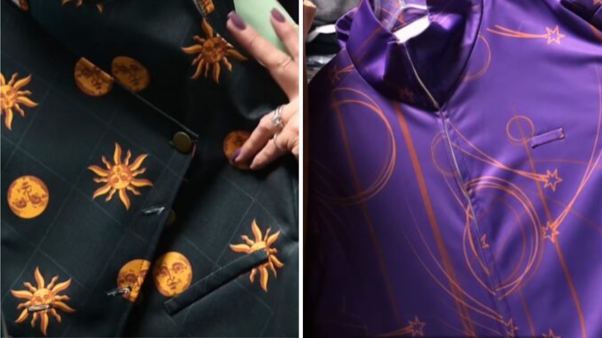Close-up of two patterned jackets, one black with yellow sun designs on the left and one purple with abstract orange line patterns on the right. A hand with purple nail polish, belonging to a team member, is touching the black jacket.