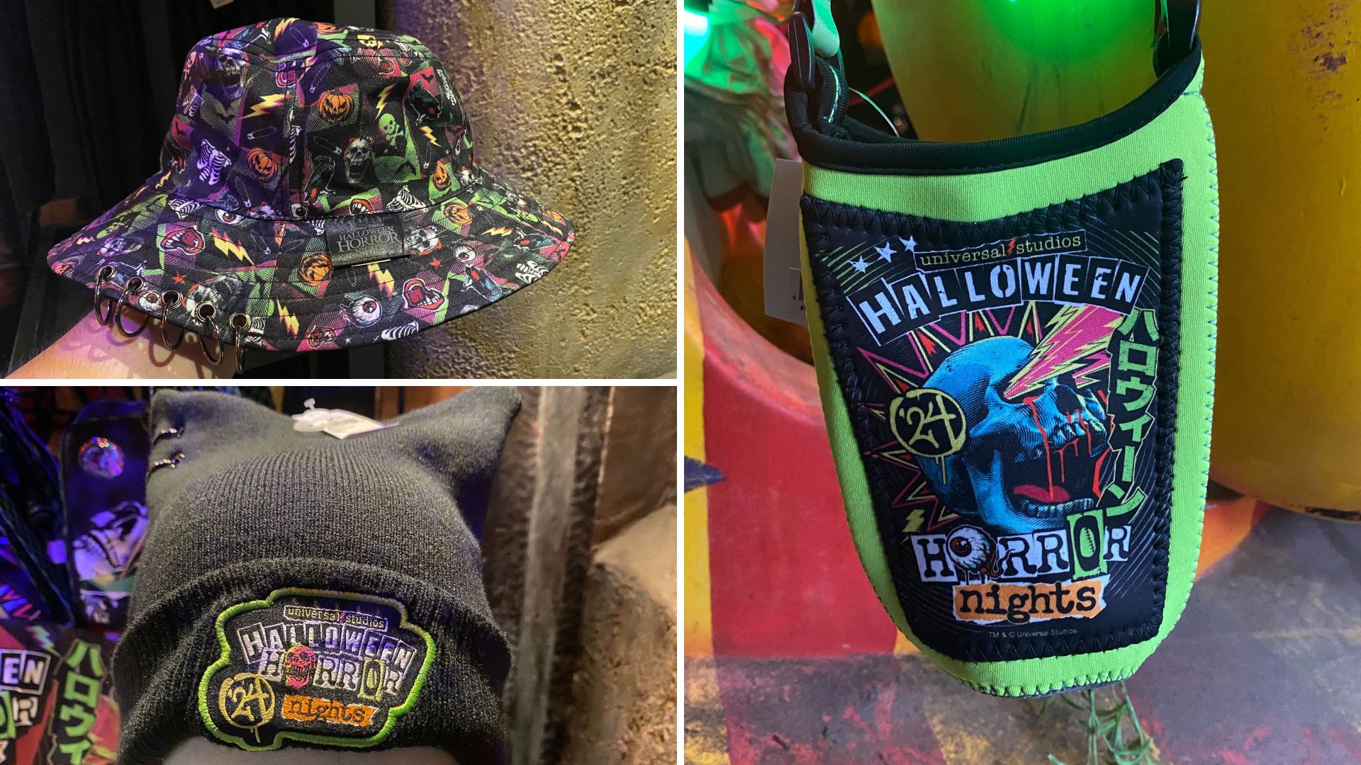 Collage of Halloween Horror Nights merchandise, featuring a bucket hat, a beanie with an event logo, and a themed drink holder.