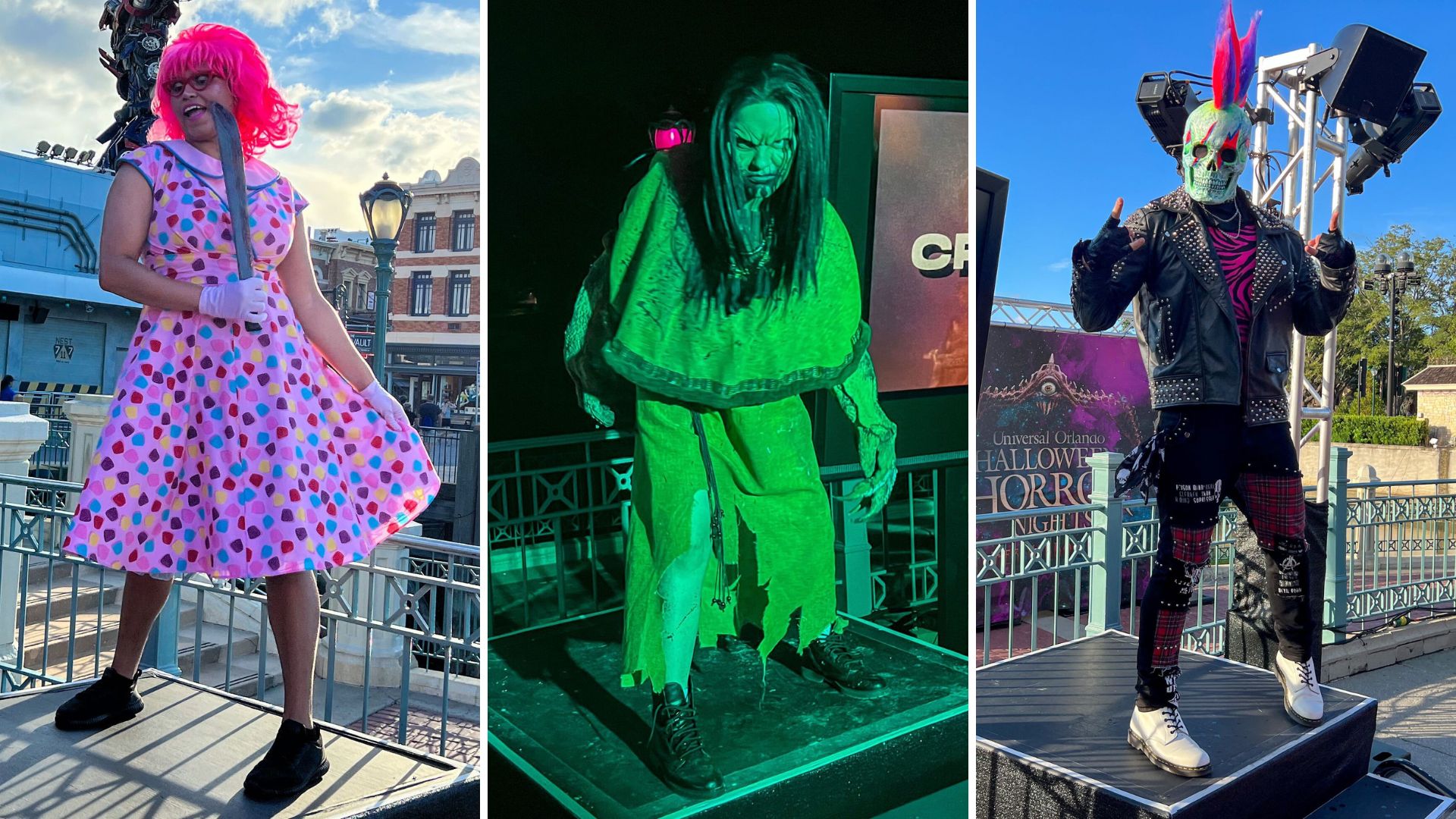 Three individuals stand in costume at the HHN bar: one dressed in a polka dot dress and wig, one in green tattered clothing with elongated arms, and one wearing a spiked mask and mohawk with a punk outfit.