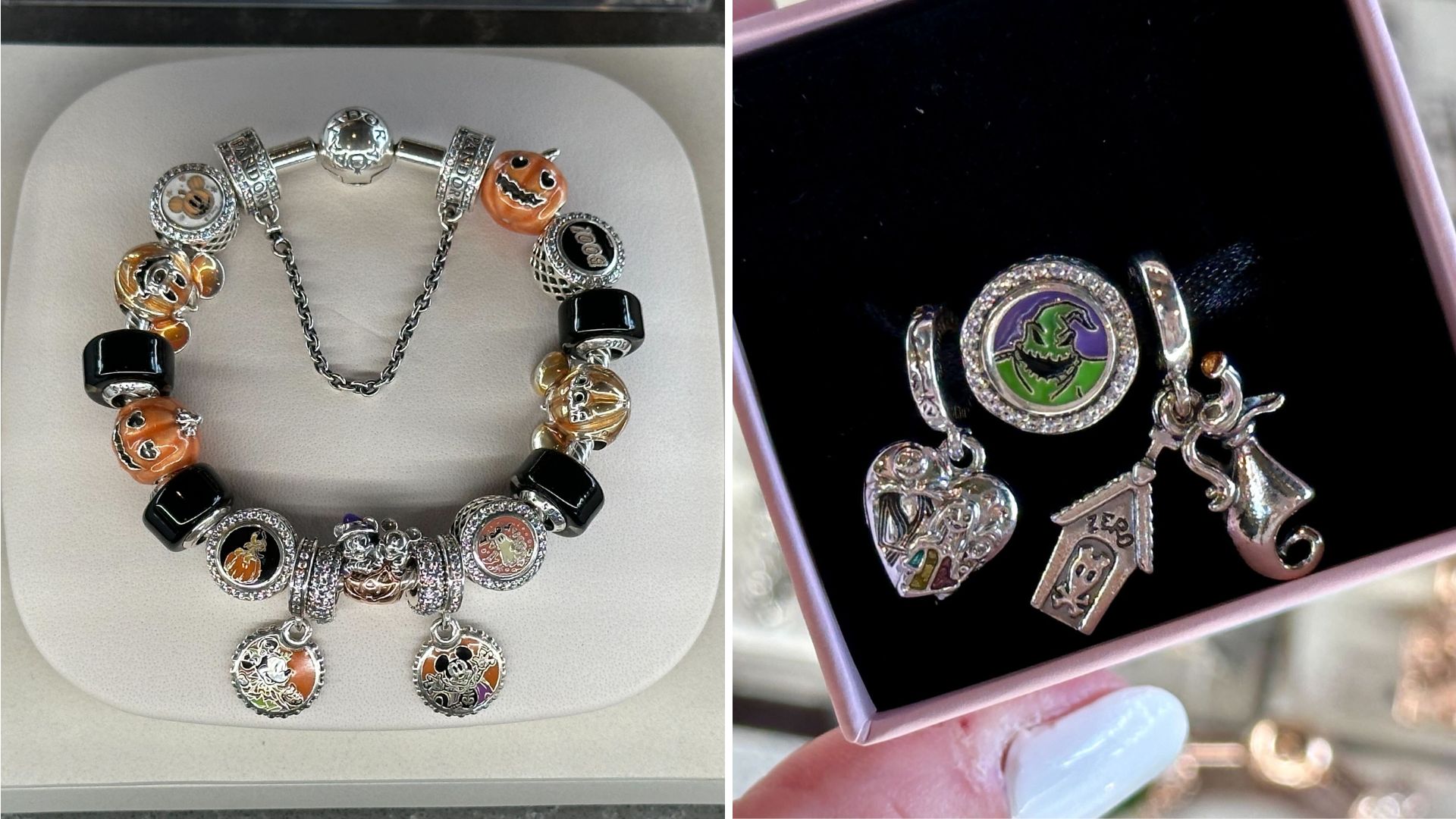 Two images: Left: A Halloween-themed charm bracelet with pumpkin and skeleton charms. Right: Three charms: a heart, a house with a dog, and a witch holding a broom, displayed in a black box.