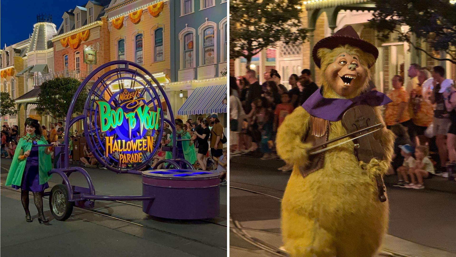 Two images from a nighttime Halloween parade. Left: A sign reads "Boo to You Halloween Parade" pulled by two performers. Right: A character costume resembling a bear wearing a purple outfit, holding a violin.