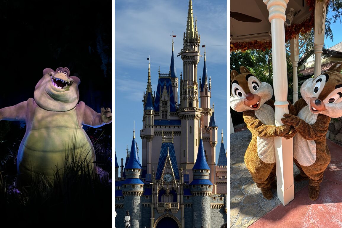 A large animated character, a fantasy castle with towers and flags, and two costumed characters posing in an amusement park.