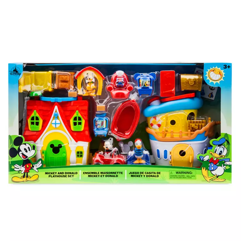 The Mickey and Donald ToonTown Playhouse Set includes multiple colorful toy pieces in boxed packaging, featuring Mickey Mouse, Donald Duck, and various playhouse elements. Suitable for ages 3 and up. Available online.