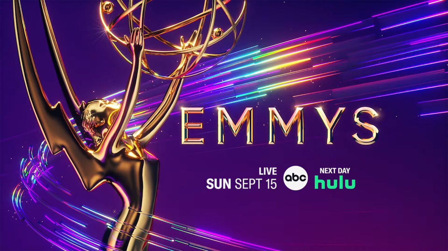 Promotional image for the Emmys, featuring a golden statuette with information about the live event on Sunday, September 15 on ABC and available next day on Hulu.