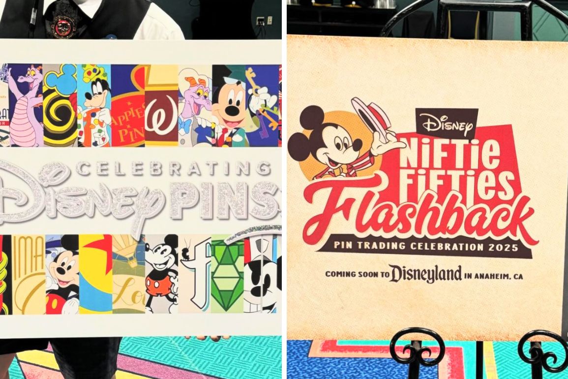 Left: A colorful board showcasing various Disney character pins and the text "Celebrating Disney Pins." Right: A poster for "Disney Niftie Fifties Flashback," part of the 2025 Pin Trading Events at Disneyland.