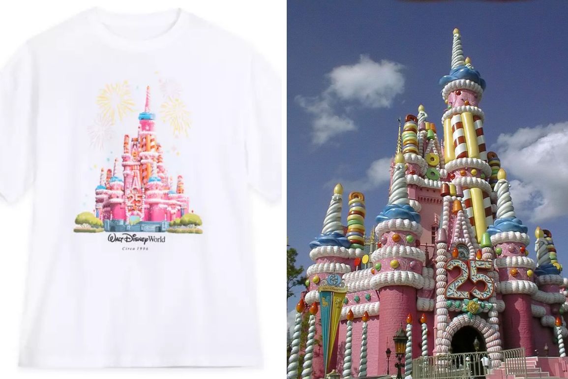A white t-shirt from the Disney Store featuring a colorful pastel Cinderella Castle with the text "Walt Disney World, Since 1971" on the left, and a photo of a real-life similar pastel castle on the right.