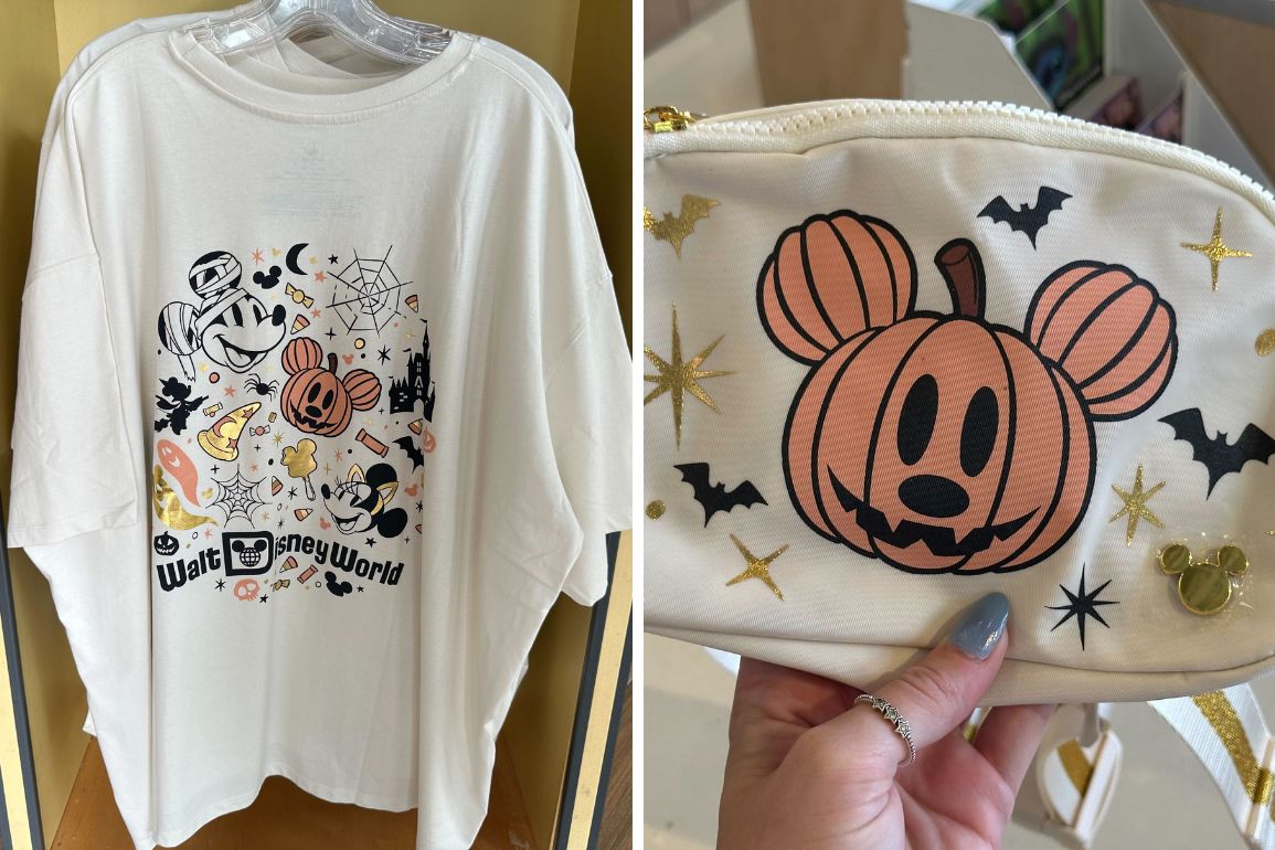 White t-shirt with Disney Halloween designs featuring Mickey Mouse and Halloween elements; small white pouch with a Mickey Mouse pumpkin graphic and Halloween decorations held by a hand.