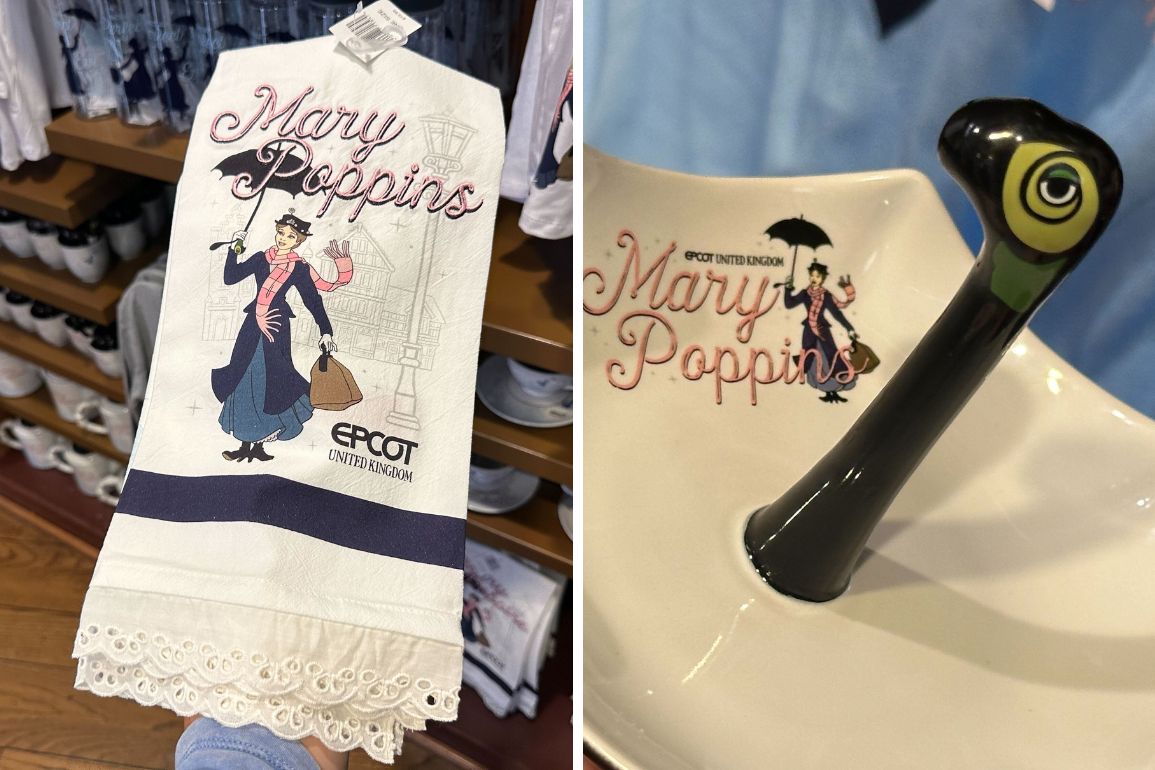 A Disney-themed towel with Mary Poppins illustration and Epcot label, next to a dish featuring a bird handle and "Mary Poppins" text from the Epcot United Kingdom pavilion.