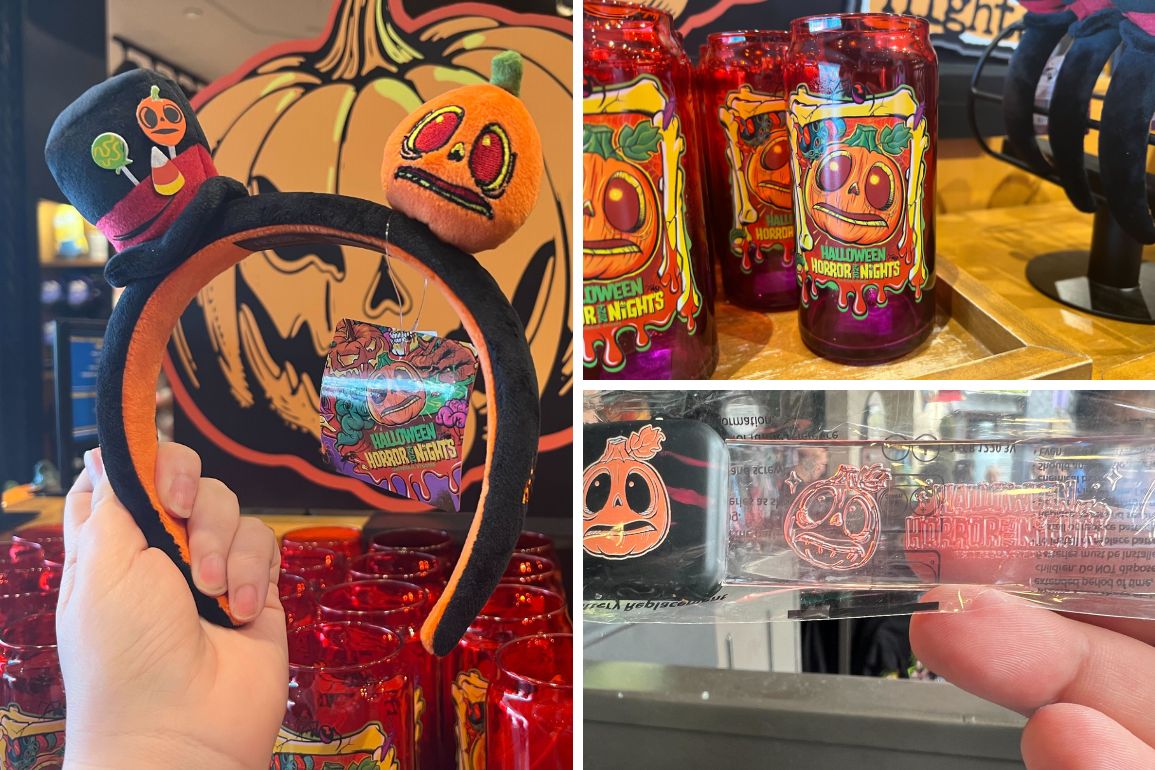 Collage of Halloween-themed merchandise: a headband with pumpkin characters, red cups with the same design, and a small pin with a similar pumpkin face on a display shelf.