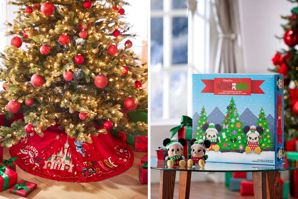A Christmas tree decorated with red ornaments stands next to wrapped gifts. Beside it, a Disney-themed advent calendar with small toys is displayed on a wooden table, showcasing festive holiday merch.