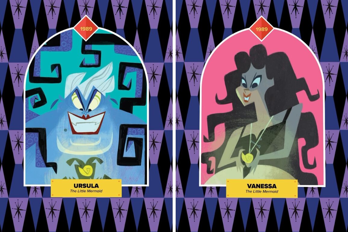 Illustrated characters Ursula and Vanessa from "The Little Mermaid" are displayed in two separate arched frames, dated 1989, with a background of black and purple diamond patterns.