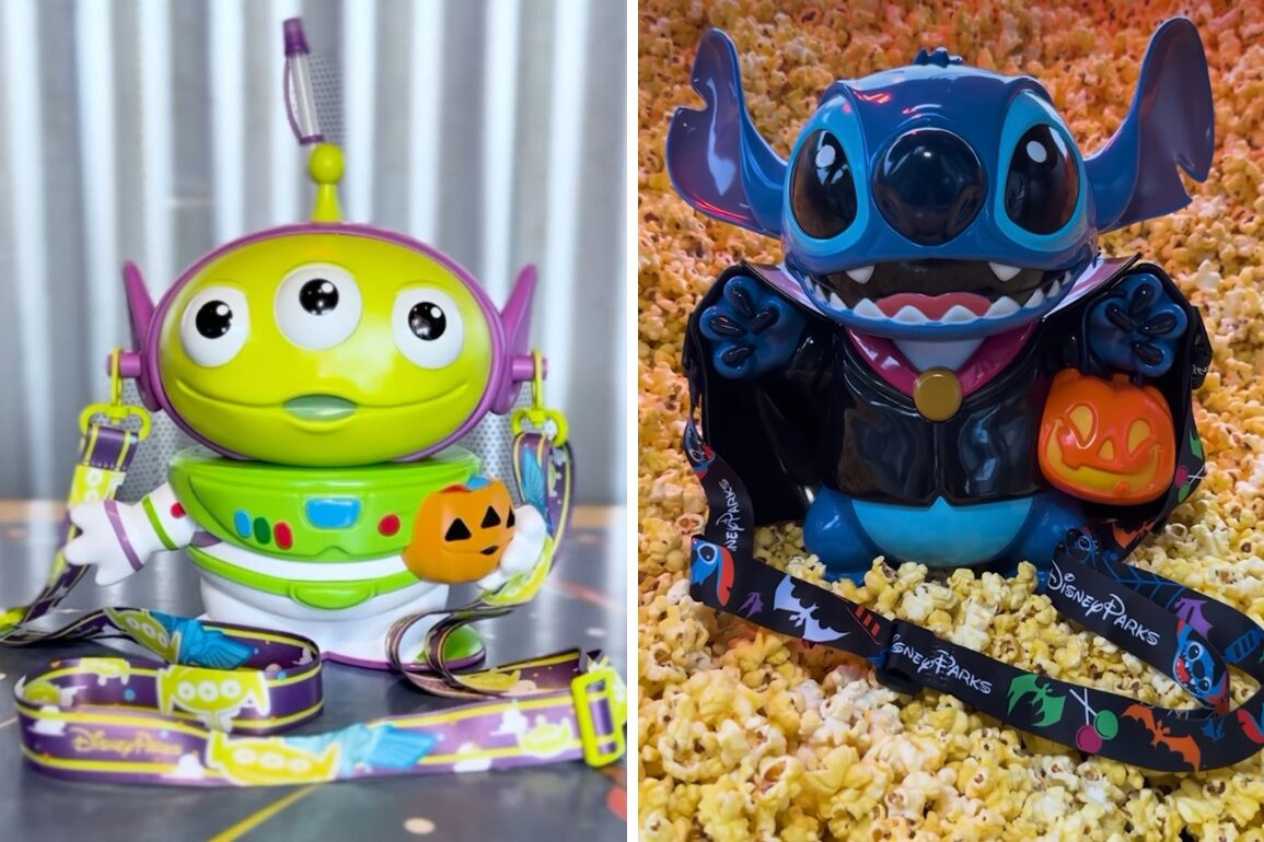 Two colorful figure-themed buckets: a green alien with a toy laser and a pumpkin, and a blue creature in a Dracula costume holding a pumpkin. Both have lanyards and sit against playful backgrounds.