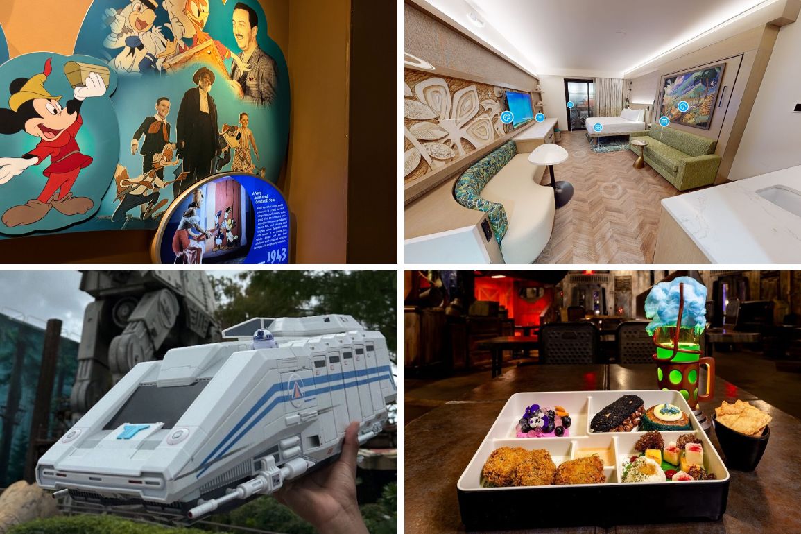 A collage featuring: a Disney memorabilia display, a spacious hotel room with modern decor, a toy spaceship outdoors, and a plated meal with colorful desserts in a themed restaurant. It's the perfect daily recap of an unforgettable experience.