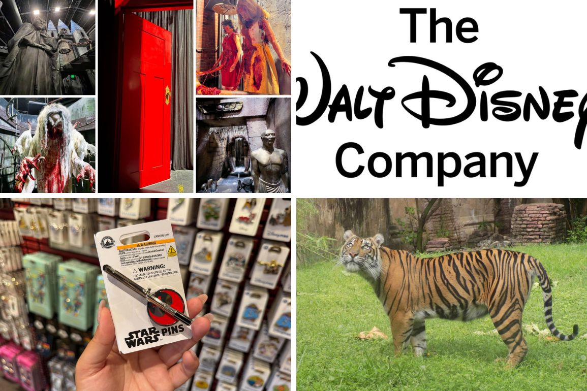 A collage featuring horror decor, a red door, a costumed mannequin, the Walt Disney Company logo, Star Wars pin merchandise, and a tiger crafts a thrilling daily recap with its eclectic mix of elements.