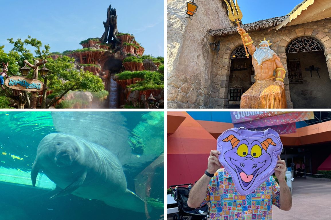 Collage of four images for today's daily recap: a mountain-themed ride, a statue of Poseidon with a trident, an underwater view of a manatee, and a person holding a cartoon character mask in front of their face.