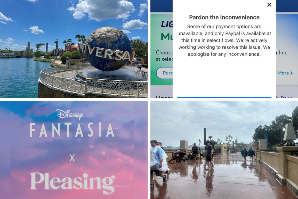 A collage for the daily recap: Universal Studios globe, a payment options sign citing PayPal availability, a Disney Fantasia x Pleasing poster, and a rainy day scene in a theme park.