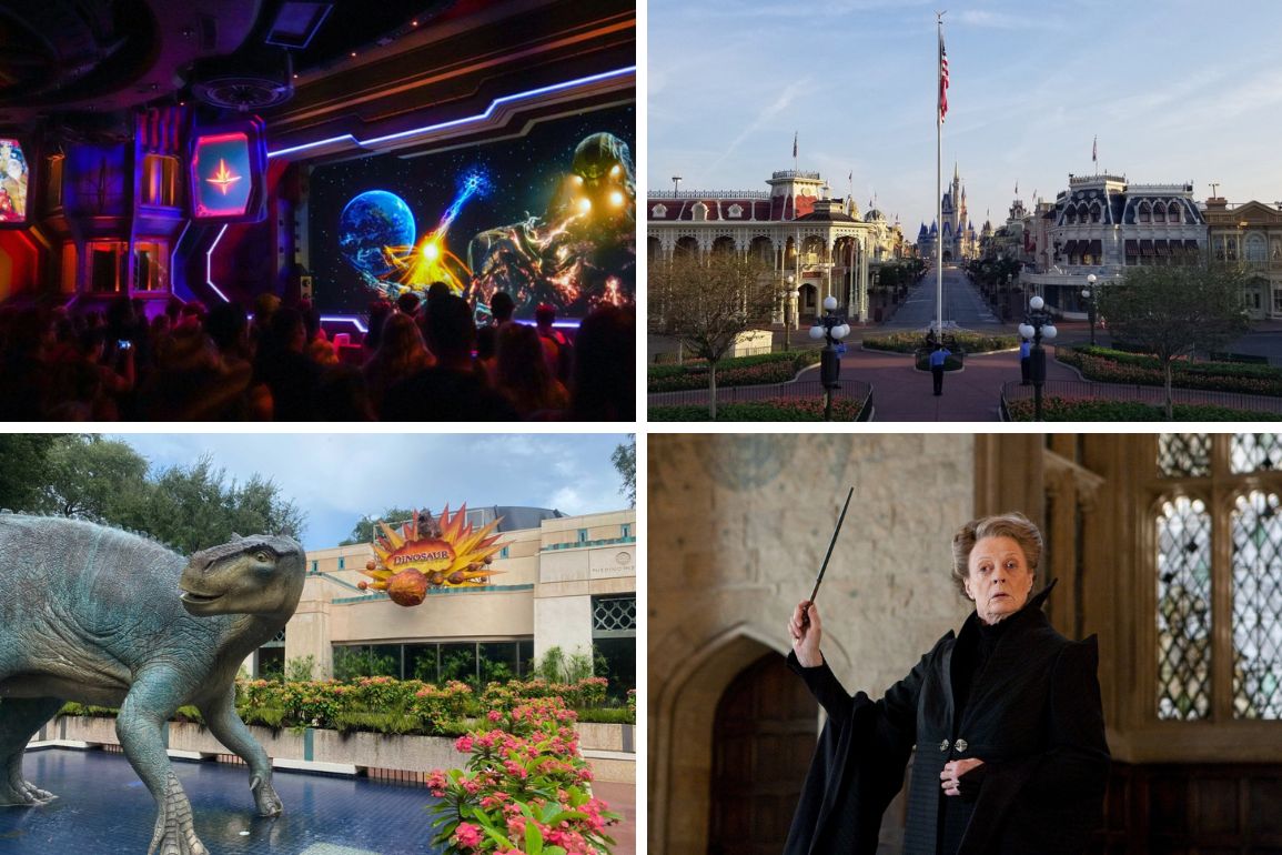 A collage of four images features a space-themed amusement park ride, an empty street leading to a castle, a dinosaur statue outside a museum, and an elderly person holding a wand in a medieval setting—perfect for your daily recap of captivating moments!