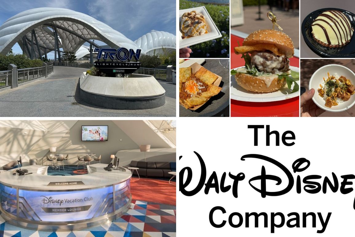 A collage of six images showcasing Disney experiences: Tron ride entrance, various food items, a Disney Vacation Club desk, and the Walt Disney Company logo—perfect for your daily recap!