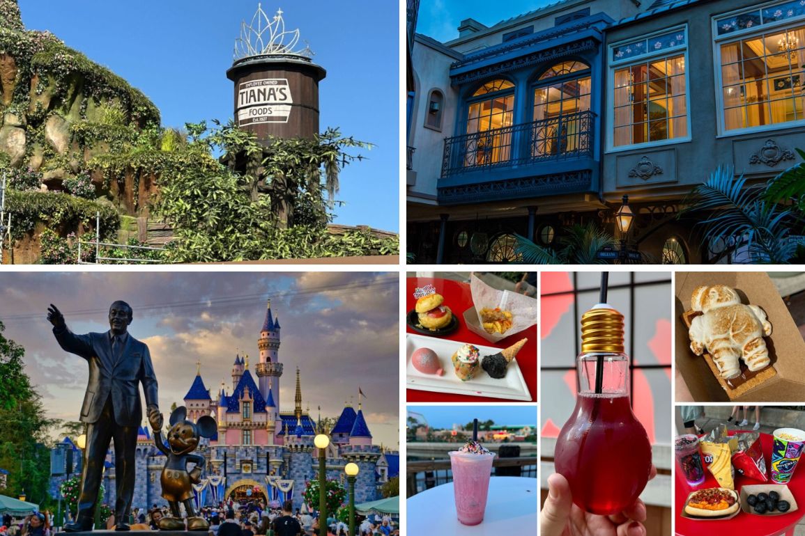 A collage featuring Tiana's Foods water tower, a building facade, a statue in front of a castle, various small food dishes, a hand holding a lightbulb-shaped drink, and a milkshake showcases the daily recap.