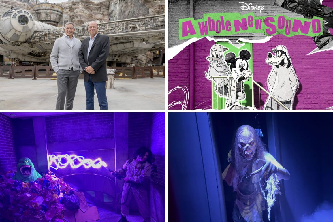 A collage featuring two men posing in front of a spaceship, a Disney sound poster, a person by neon lights, and someone costumed as a monster—perfect for your daily recap.