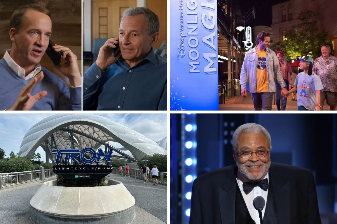 Collage: Two men on phone calls, Disney's Moonlight Magic event, a family walking, TRON Lightcycle Run ride, and a smiling man in a tuxedo speaking at a podium during the daily recap.
