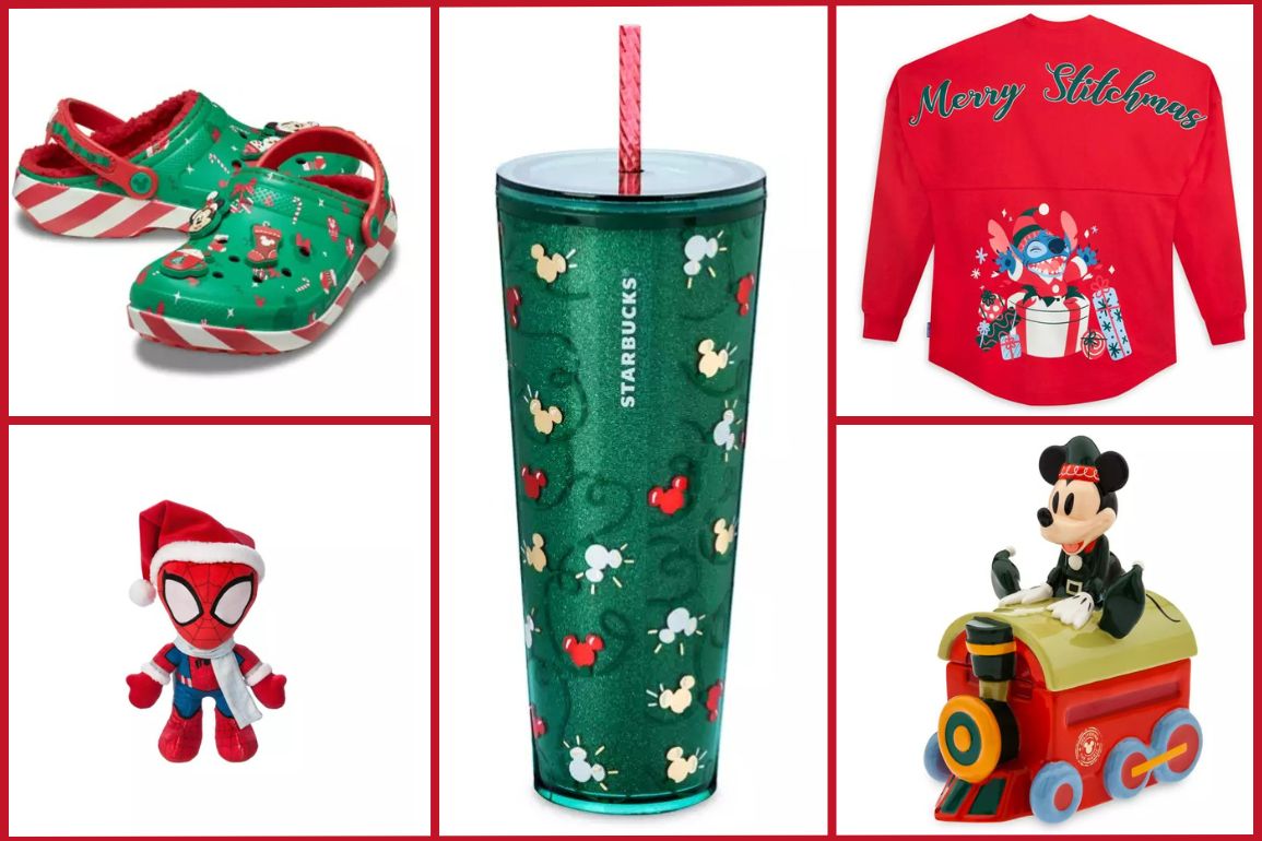 Collage of holiday-themed merchandise including festive Crocs, a Starbucks tumbler, a 'Merry Stitchmas' shirt, a Spider-Man plush in a Santa hat, and a Mickey Mouse train toy.