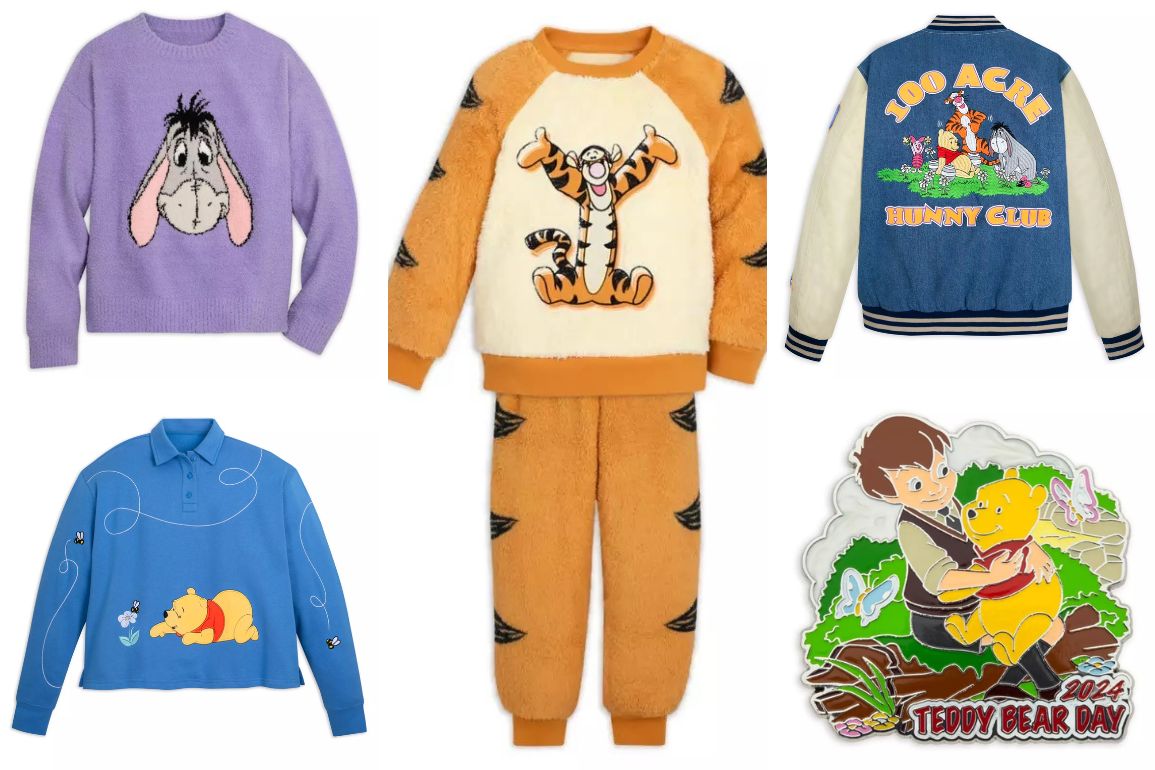 Discover the Winnie the Pooh Collection at DISNEYSTORE: Five charming clothing items, featuring Eeyore and Tigger sweaters, a "100 Acre Hunny Club" jacket, and a 2024 Teddy Bear Day pin with Pooh.