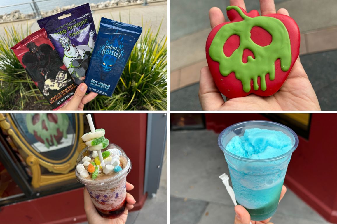A hand holding two villain-themed snack packets, a green candy apple from the Candy Cauldron, a Halloween-themed drink with gummy candies, and a blue frozen drink at an outdoor setting.