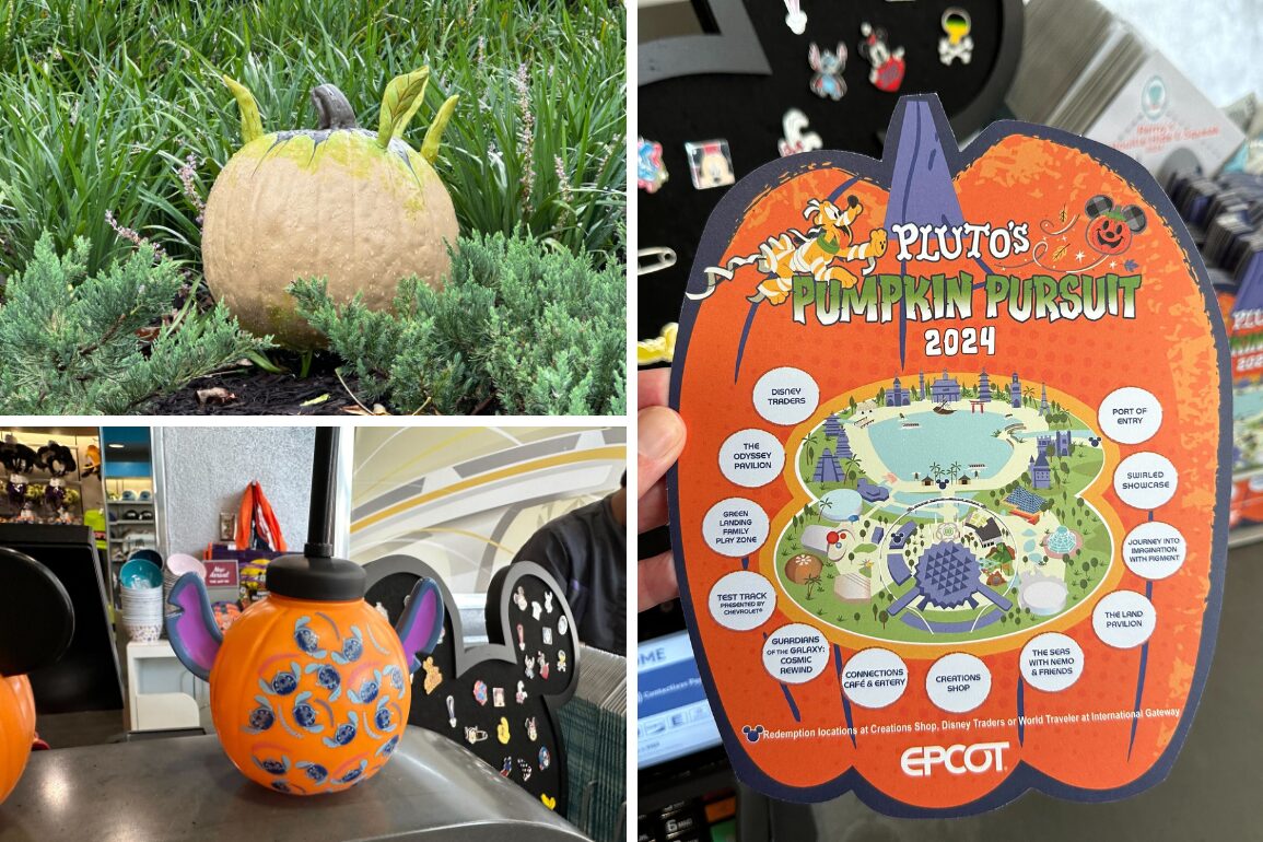 A large pumpkin with green sprouting vines in a garden, a decorated pumpkin bucket with Disney graphics, and a hand holding a 2024 event map for "Pluto's Pumpkin Pursuit" at EPCOT.