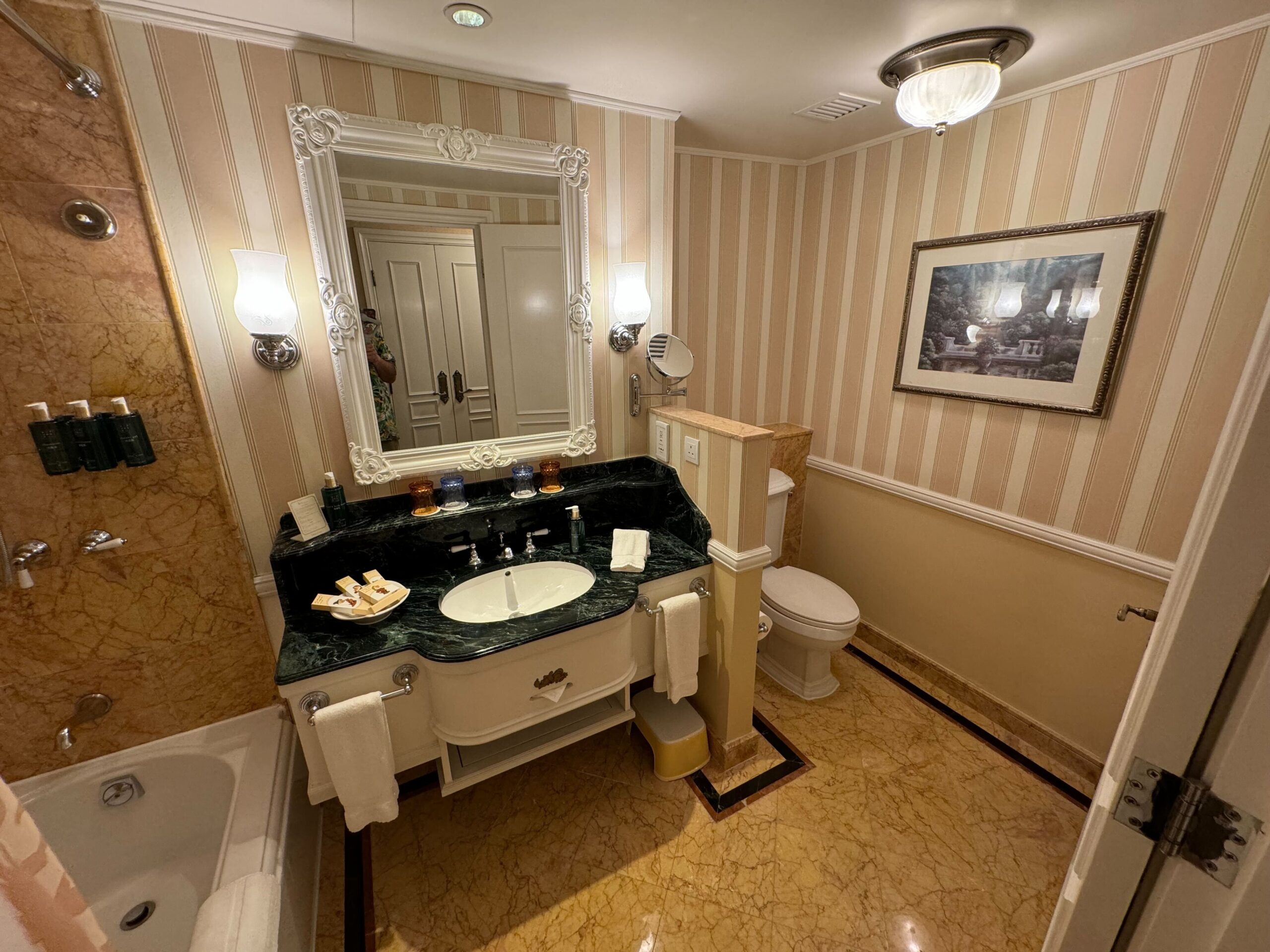 A deluxe room at the Hong Kong Disneyland Hotel features a bathroom with beige striped wallpaper, a sink with a black countertop, a mirror, toiletries, a toilet, a bathtub, and framed artwork on the wall.