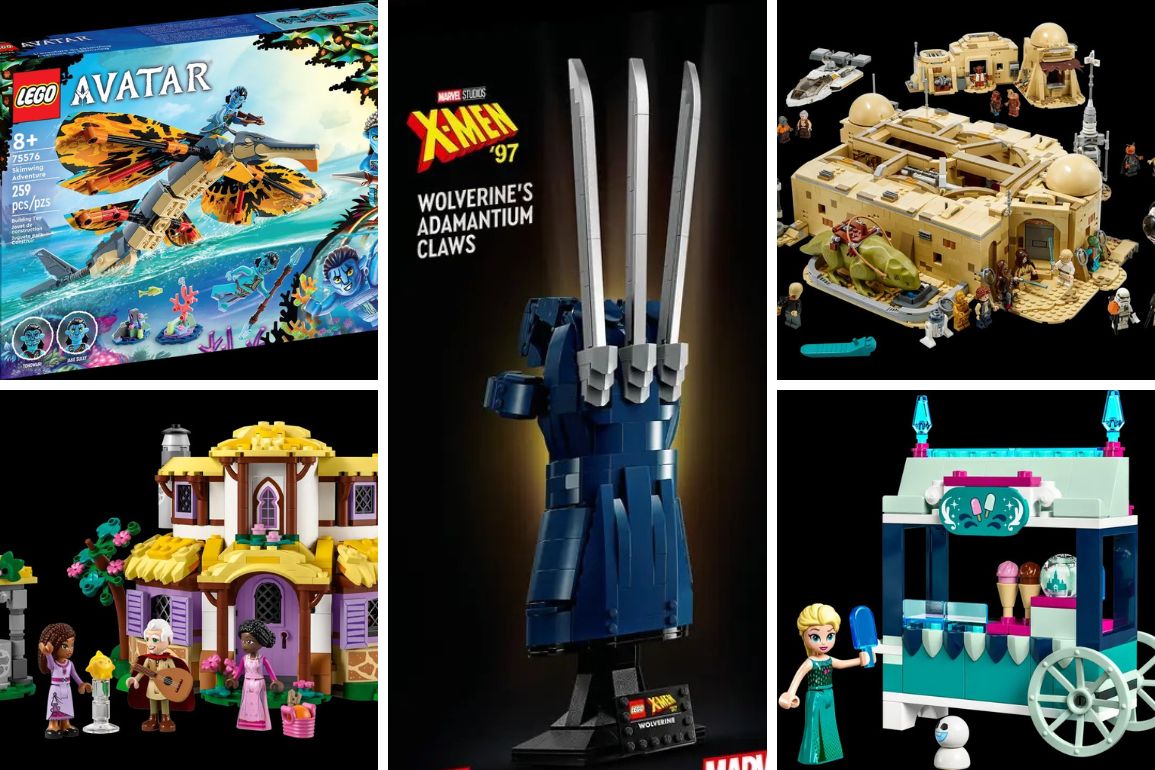 Various LEGO sets, including "Avatar" with a flying creature, "X-Men '97 Wolverine's Adamantium Claws," a Star Wars-themed Tatooine set, a colorful house, and a "Frozen" ice cream cart, are displayed.