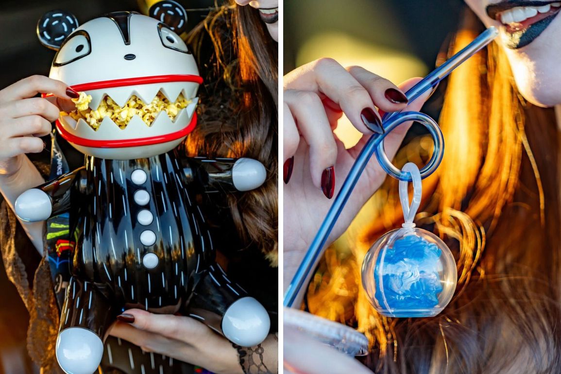 Left image: Person holding a black and white toy with large teeth and bear-like ears, resembling a Scary Teddy Popcorn Bucket. Right image: Person drinking through a curly straw attached to a Madame Leota Straw Clip at Disneyland.
