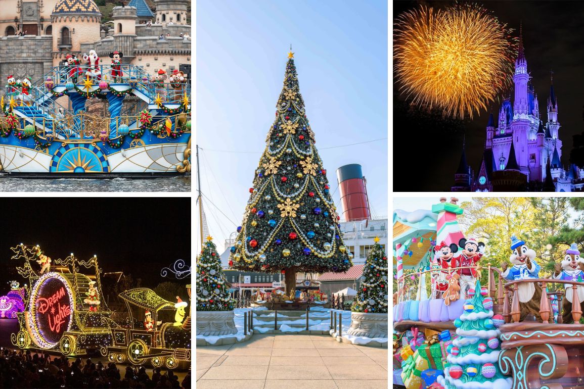 Description: A collage of five images featuring Disney themes: Mickey and friends on a parade float, a grand Christmas tree, Cinderella Castle lit up with fireworks, a nighttime parade float, and a festive boat showcasing Disney Christmas 2024 at Tokyo Disney Resort.