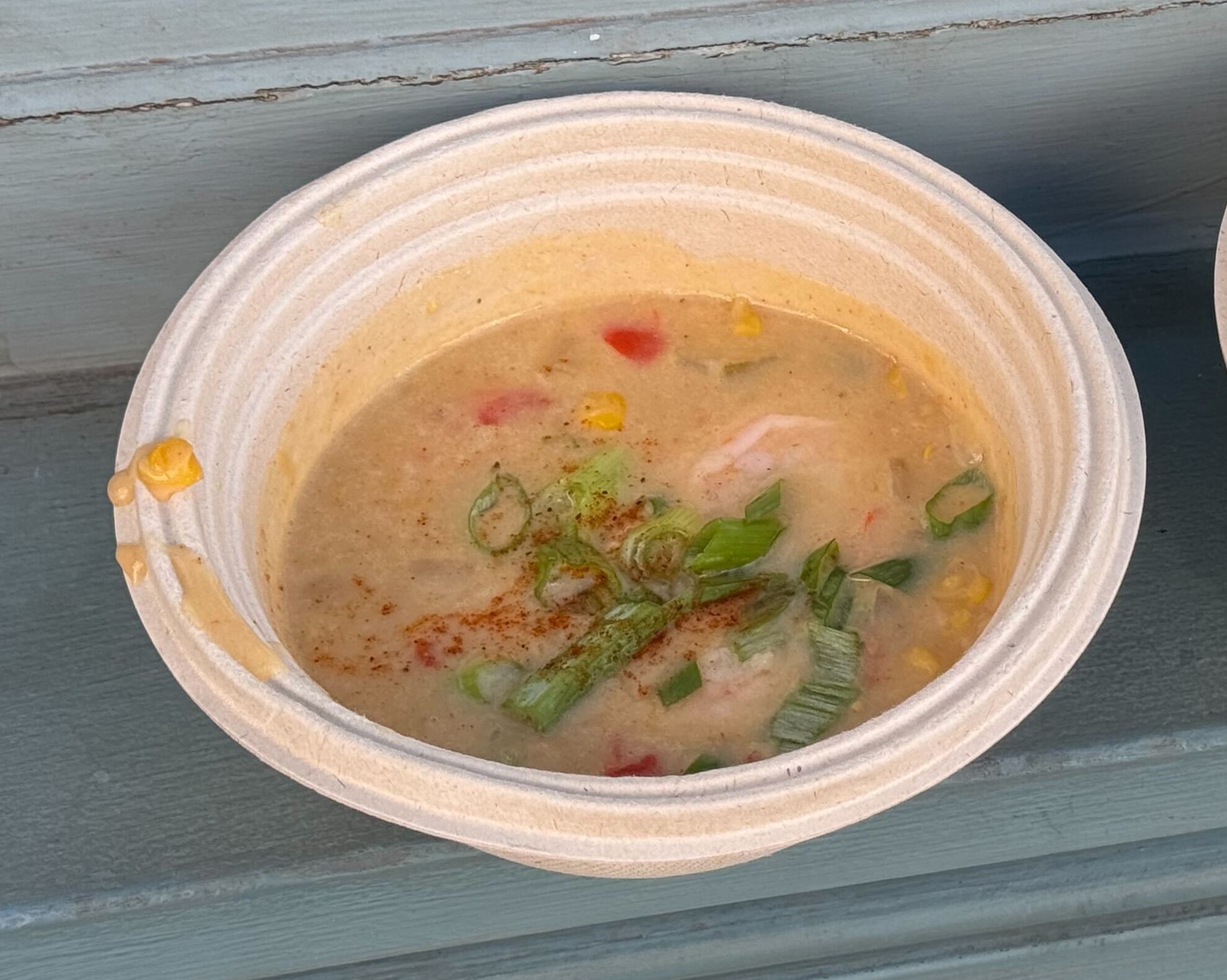 A bowl of creamy soup garnished with chopped green onions and paprika, containing visible chunks of vegetables and corn—perfect to eat & drink while reading reviews about Halloween Horror Nights 33.