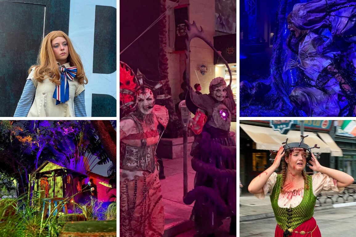 A compilation of five images showcasing various Halloween scenes and costumes, including a woman dressed as a doll, spooky decor in a scarezone, eerie characters in creepy costumes, and a distraught woman in a gruesome outfit reminiscent of Halloween Horror Nights 33.